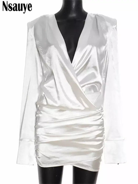 Nsauye curto noite elegante festa mini envoltório manga longa vestido feminino nova moda cetim 2025 inverno sexy night club vestido branco