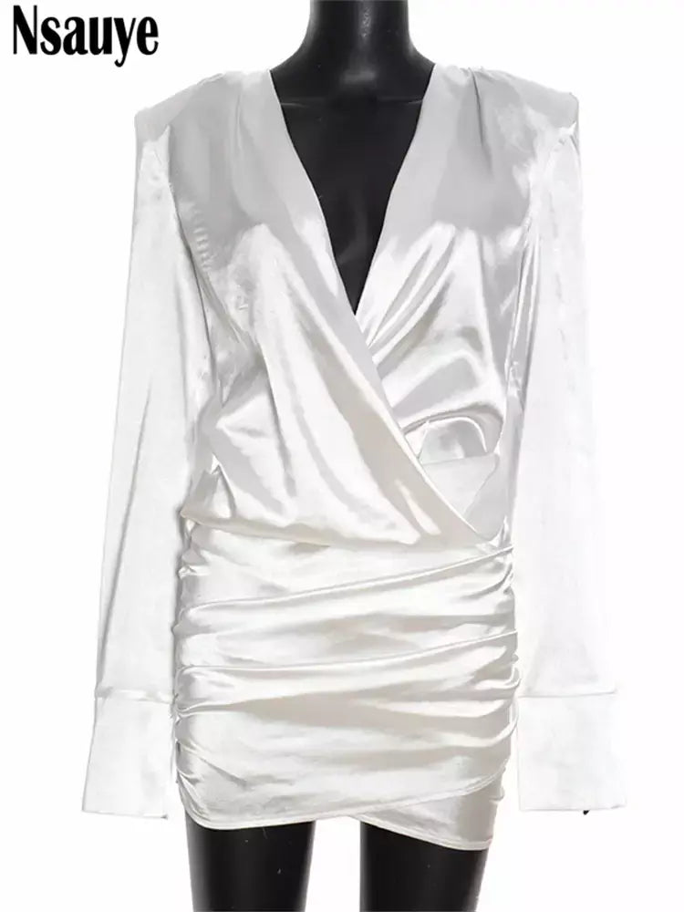 Nsauye curto noite elegante festa mini envoltório manga longa vestido feminino nova moda cetim 2025 inverno sexy night club vestido branco