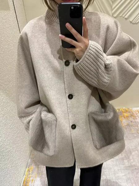 Gola de pele emendada longa pele de lã casaco feminino moda casual manga comprida lapela solta quente curto jaqueta senhora diariamente streetwear