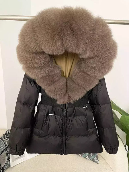Oftbuy 2024 jaqueta de inverno feminina gola de pele de raposa natural real com capuz grosso quente 90% pato branco para baixo casaco feminino streetwear casual