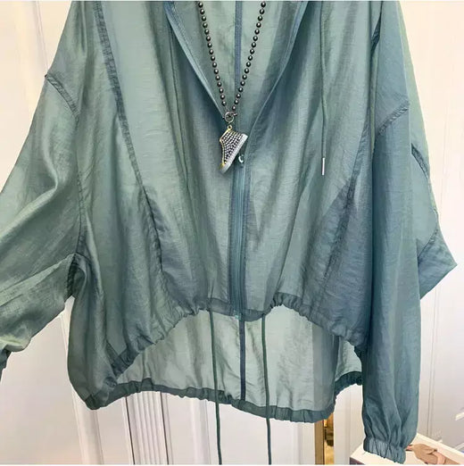 Casacos de zíper à prova de sol femininos, casacos finos e soltos, roupas para ver através do exterior, roupas leves, pretas, verão