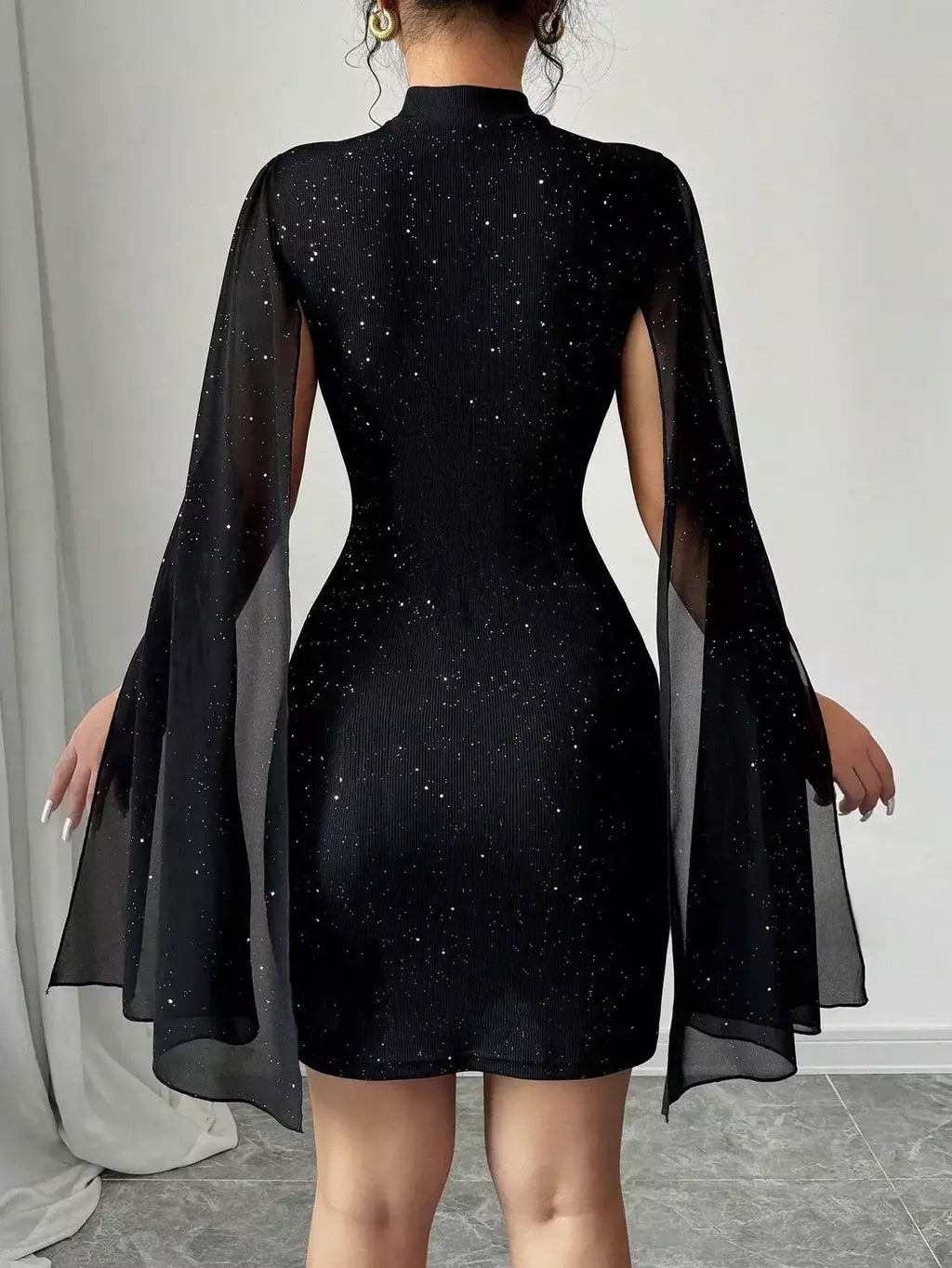 Sexy feminino gola capa mini vestido lantejoulas espumante clube festa noite fora cabido bodycon elegante outono inverno