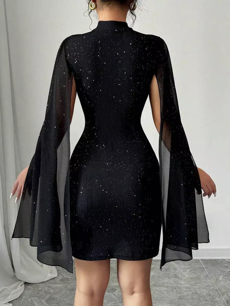 Sexy feminino gola capa mini vestido lantejoulas espumante clube festa noite fora cabido bodycon elegante outono inverno