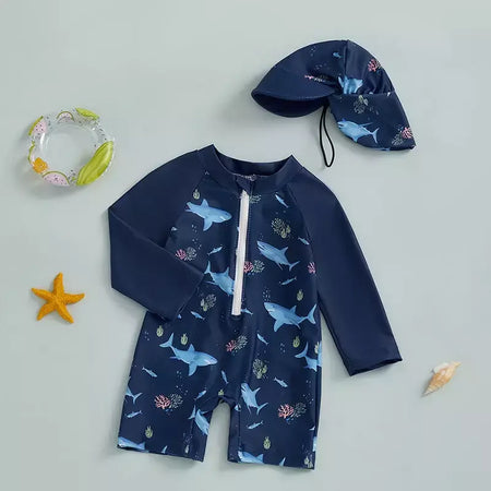 Maiô infantil de 0 a 5 anos, roupa de banho com estampa de tubarão, manga longa, meio zíper, com chapéu de sol, 2 peças, roupa de banho para crianças pequenas