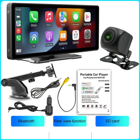 Bqcc 10.26 Polegada portátil sem fio carplay tela hd câmera de ré traseira rádio do carro dvr mp5 multimídia player vídeo android auto