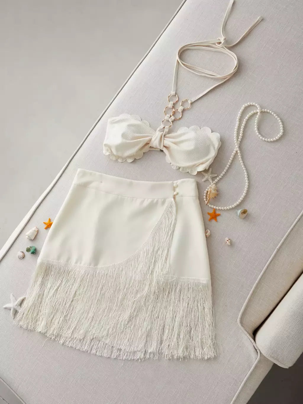 Conjunto sexy de biquíni feminino, sutiã de renda, mini saia, férias de praia, fato de banho feminino casual, 2 peças, verão