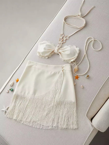 Conjunto sexy de biquíni feminino, sutiã de renda, mini saia, férias de praia, fato de banho feminino casual, 2 peças, verão