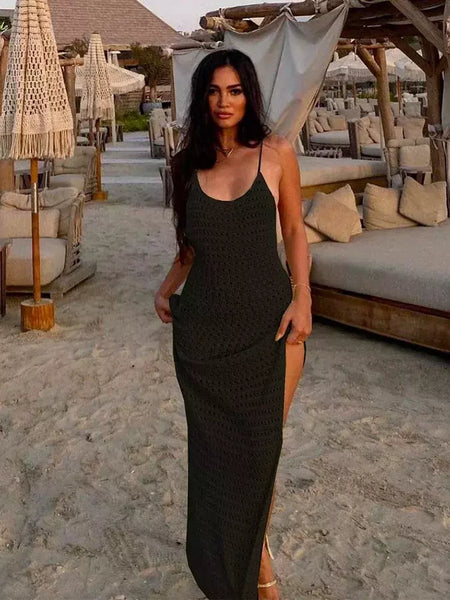 Vestido feminino maxi de malha de espaguete Bodycon praia, borla recortada sexy, roupa de festa do clube de férias de verão, maiô encobrir, K10