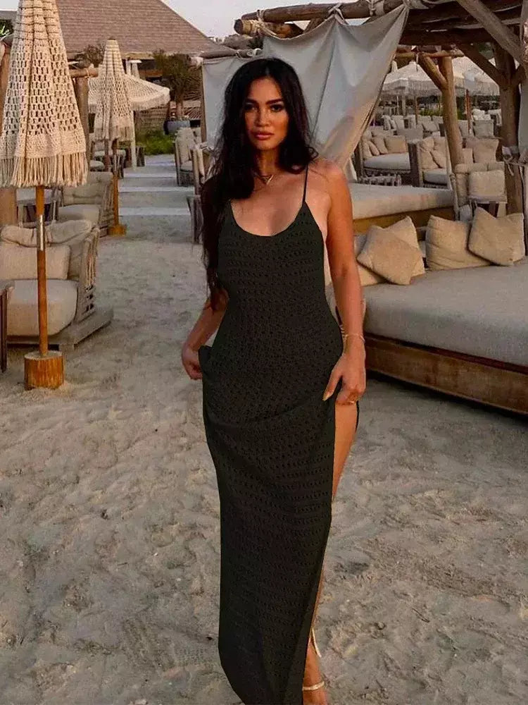 Vestido feminino maxi de malha de espaguete Bodycon praia, borla recortada sexy, roupa de festa do clube de férias de verão, maiô encobrir, K10