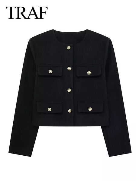 TRAF-Casaco Cropped feminino com botão dourado, blazer bomber, streetwear chique, blusa de casacos femininos, moda primavera, 2022