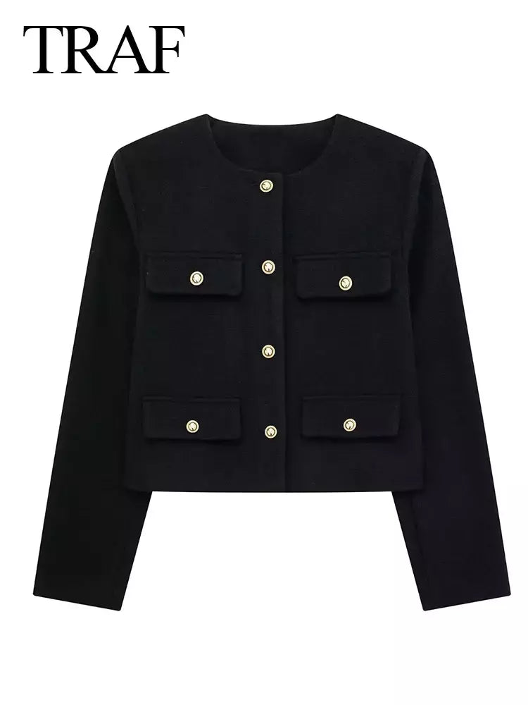 TRAF-Casaco Cropped feminino com botão dourado, blazer bomber, streetwear chique, blusa de casacos femininos, moda primavera, 2022