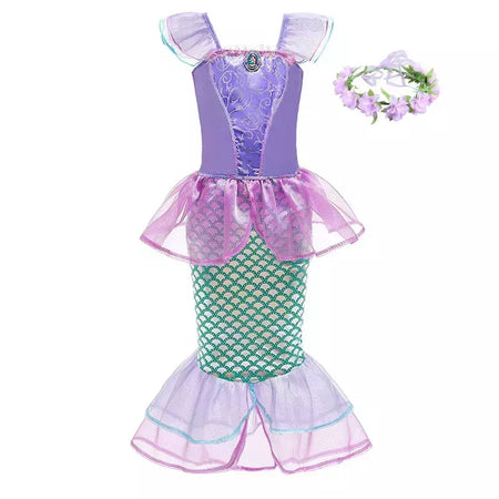 Meninas roxo-azul sereia ariel cosplay vestido de halloween vestido de festa de aniversário meninas praia vestido de férias