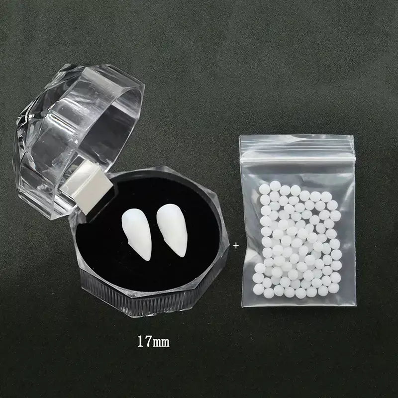 1 par de dentes de vampiro para halloween, presas para dentaduras, adereços para festa, fantasia diy, adereços para cosplay, dentes falsos, presas de resina com cola sólida