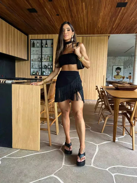 Conjunto sexy de biquíni feminino, sutiã de renda, mini saia, férias de praia, fato de banho feminino casual, 2 peças, verão