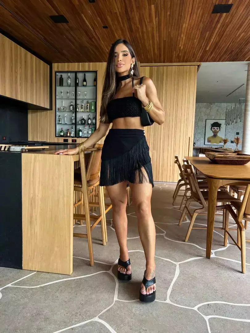 Conjunto sexy de biquíni feminino, sutiã de renda, mini saia, férias de praia, fato de banho feminino casual, 2 peças, verão