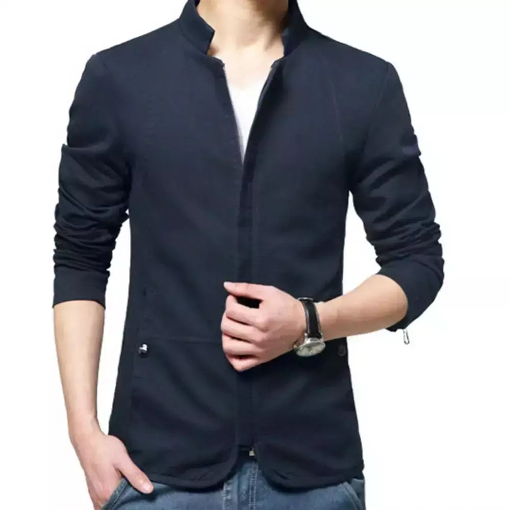 Blazer casual masculino com gola de suporte, jaqueta de negócios elegante, casaco monocromático com bolsos de zíper fino e fino, primavera e outono