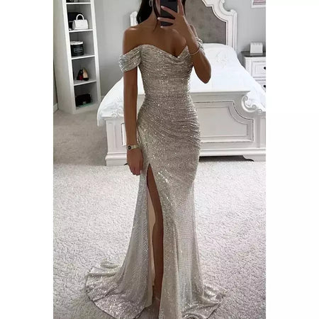 Vestido Dividido de Pescoço Uma Linha Feminino, Lantejoulas, Dividido, Versátil, Elegante, Charme, Emagrecedor, Festa, INS, Emagrecimento, S-XL Size, Novo