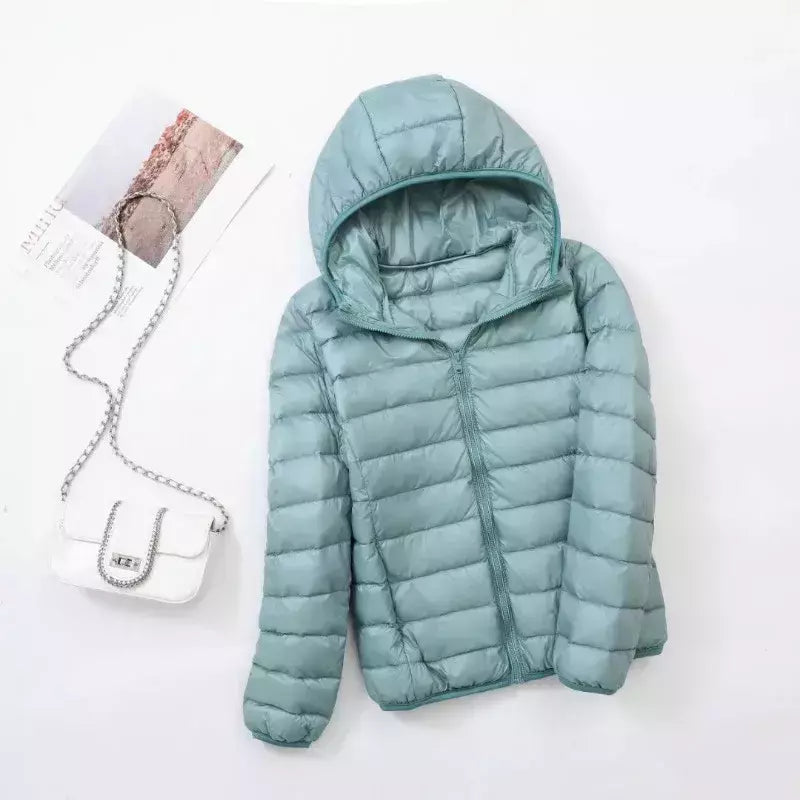 Casaco fino leve com capuz de pato para mulheres, casaco curto fino, streetwear quente, branco, plus size, casacos, outono, inverno, 2023