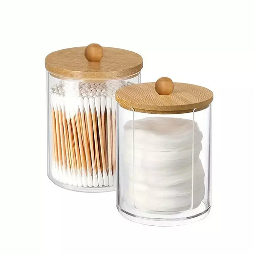 Suporte para almofada de algodão, 2 peças, frascos de banheiro, organizador de caixa de armazenamento, armazenamento de almofada de algodão com tampa de bambu, durável, à prova de poeira
