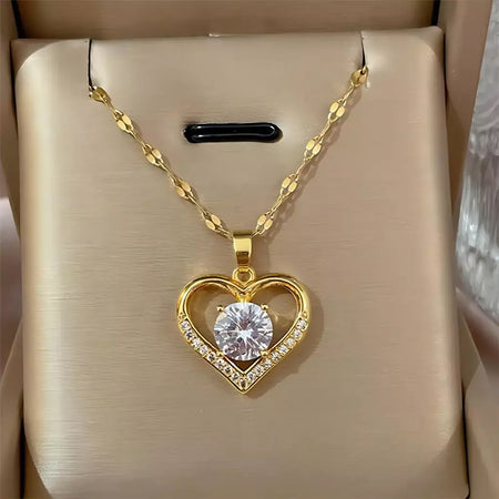 Colares Coração de Zircônia em Aço Inoxidável Mulheres Colar Metal Cor Dourada Festa de Aniversário Joias Diárias para meninas, Trendy and Love