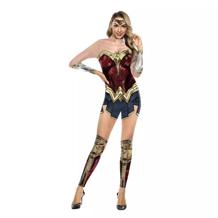 Miniso cosplay filme mulher maravilha traje festa de halloween impressão sexy macacão desempenho palco zentai bodysuit roupas femininas