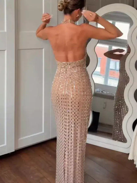 Mulheres verão vestido longo moda magro sólido sem mangas sem costas decoração halter pescoço vestido elegante sexy festa vestido de noite ?