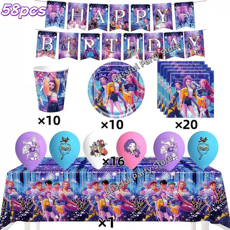 Conjunto de talheres para decoração de festa de aniversário, caçadores de demônios, copo, prato, guardanapo, banner, balão, meninas, coreano, kpop, anime, suprimentos de festa, decoração