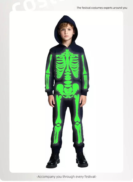 Halloween meninos trajes esqueleto horror preto luminoso fantasma apertado com capuz macacão palco papel traje desempenho terno