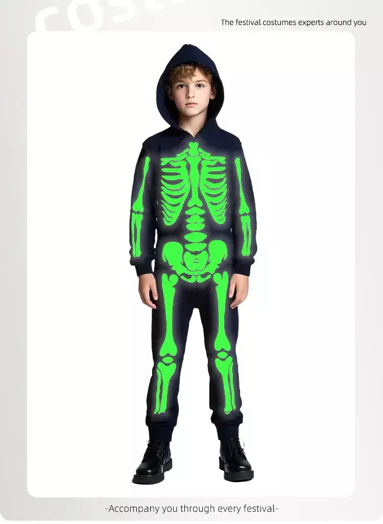 Halloween meninos trajes esqueleto horror preto luminoso fantasma apertado com capuz macacão palco papel traje desempenho terno