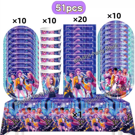 Conjunto de talheres para decoração de festa de aniversário, caçadores de demônios, copo, prato, guardanapo, banner, balão, meninas, coreano, kpop, anime, suprimentos de festa, decoração