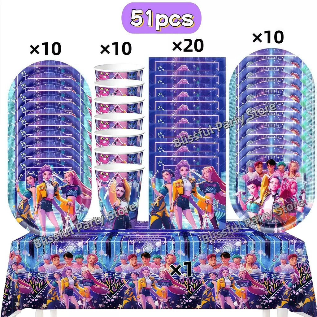 Conjunto de talheres para decoração de festa de aniversário, caçadores de demônios, copo, prato, guardanapo, banner, balão, meninas, coreano, kpop, anime, suprimentos de festa, decoração