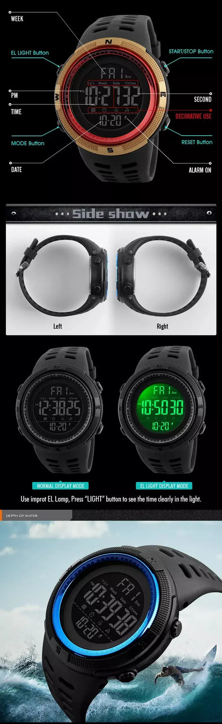 Skmei 1251 relógio digital à prova d'água para homens, relógio de pulso eletrônico esportivo com contagem regressiva, relógio militar led 1560 reloj hombre