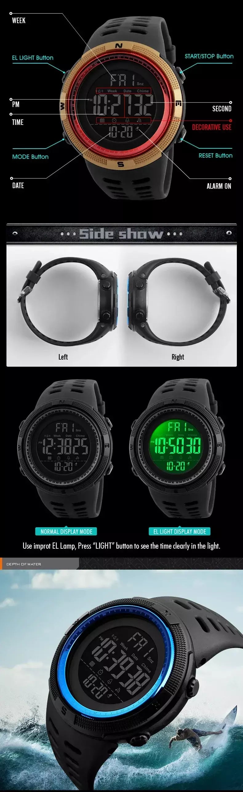 Skmei 1251 relógio digital à prova d'água para homens, relógio de pulso eletrônico esportivo com contagem regressiva, relógio militar led 1560 reloj hombre