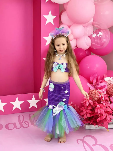 Meninas escala roxa princesa sereia ariel cosplay vestido de halloween vestido de festa de aniversário meninas verão praia vestido de férias