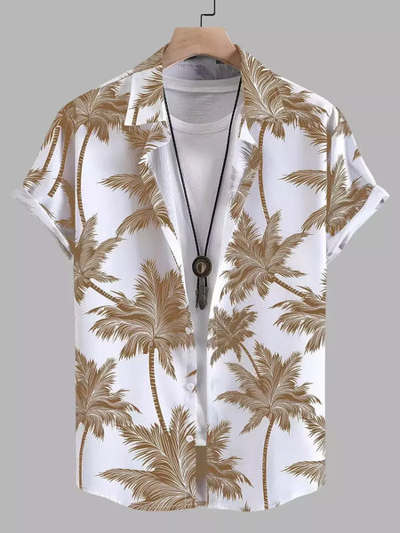 Camisa de lapela masculina de manga curta, estilo havaiano, padrão tropical de coqueiro, tops grandes, férias de verão