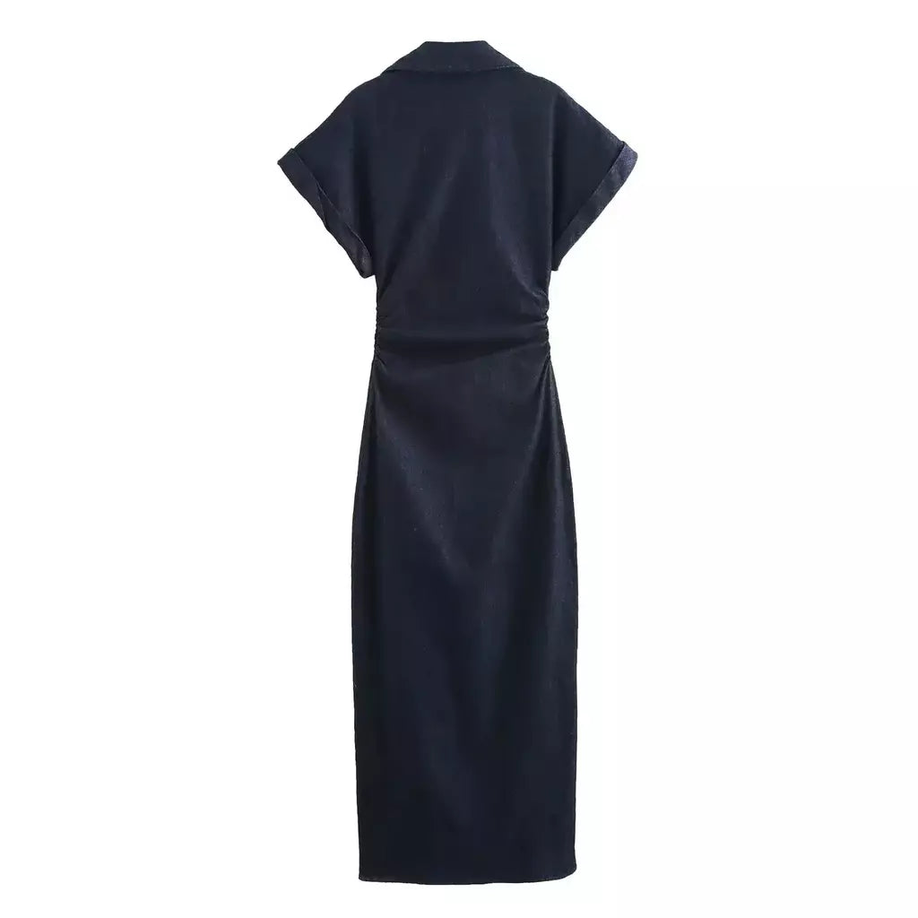 Vestido jeans feminino primavera verão casual vestidos longos para mulher 2026 nova moda ruched manga curta streetwear midi vestido