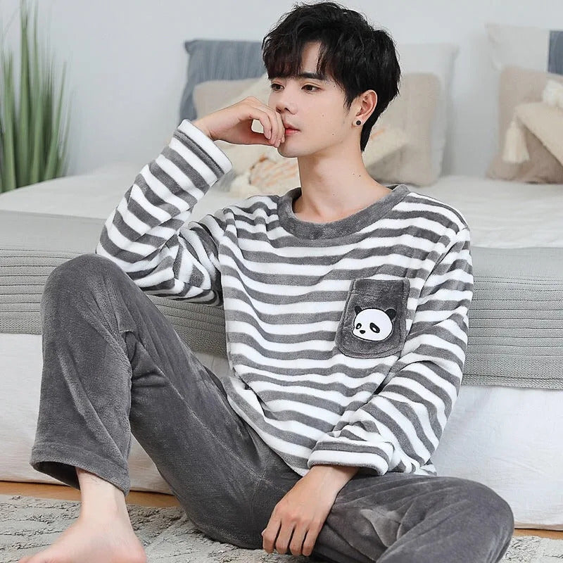 Pijama de lã coral masculino de 2 peças, gola redonda, manga comprida, conjuntos lounge, terno doméstico, impressão de moda, outono, inverno, homem, novo