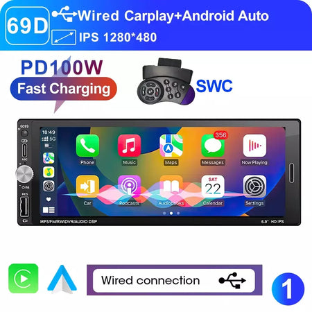 Lehx 6.9 Polegada 1din universal mp5 rádio do carro suporte sem fio carplay android auto aux ips tela de toque reprodutor vídeo multimídia