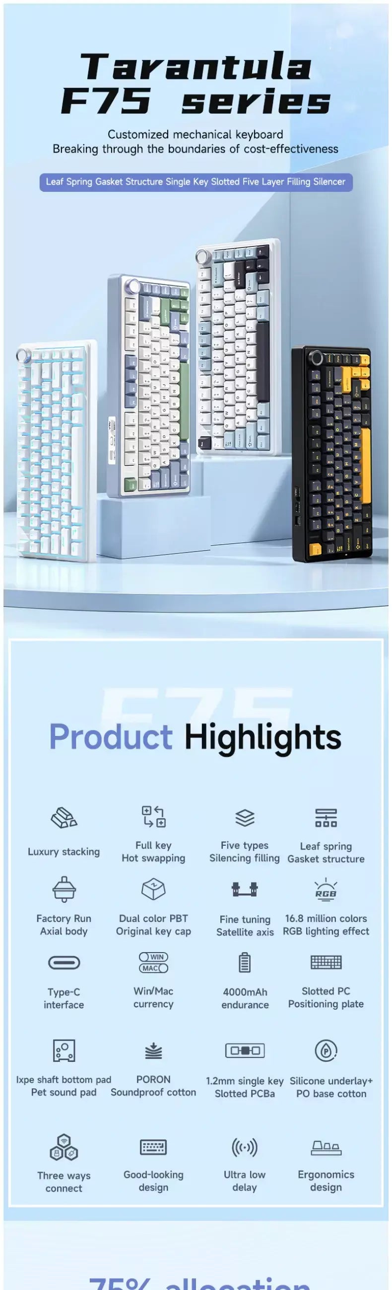 AULA F75 2.4G Teclado mecânico para jogos sem fio/Bluetooth/com fio RGB personalizado 75% layout OEM estrutura de junta de perfil