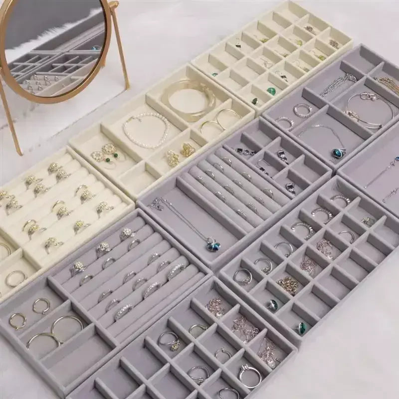 Atualizar caixa de armazenamento de jóias de veludo colar empilhável bandeja de exibição pulseira brinco organizadores diy artesanato gaveta caixa cinza