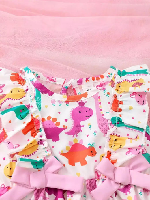 Vestido sem mangas de dinossauro pequeno para menina, saia legal dos desenhos animados, adequado para o verão à beira-mar e areia, moda para criança, 0 a 3 anos