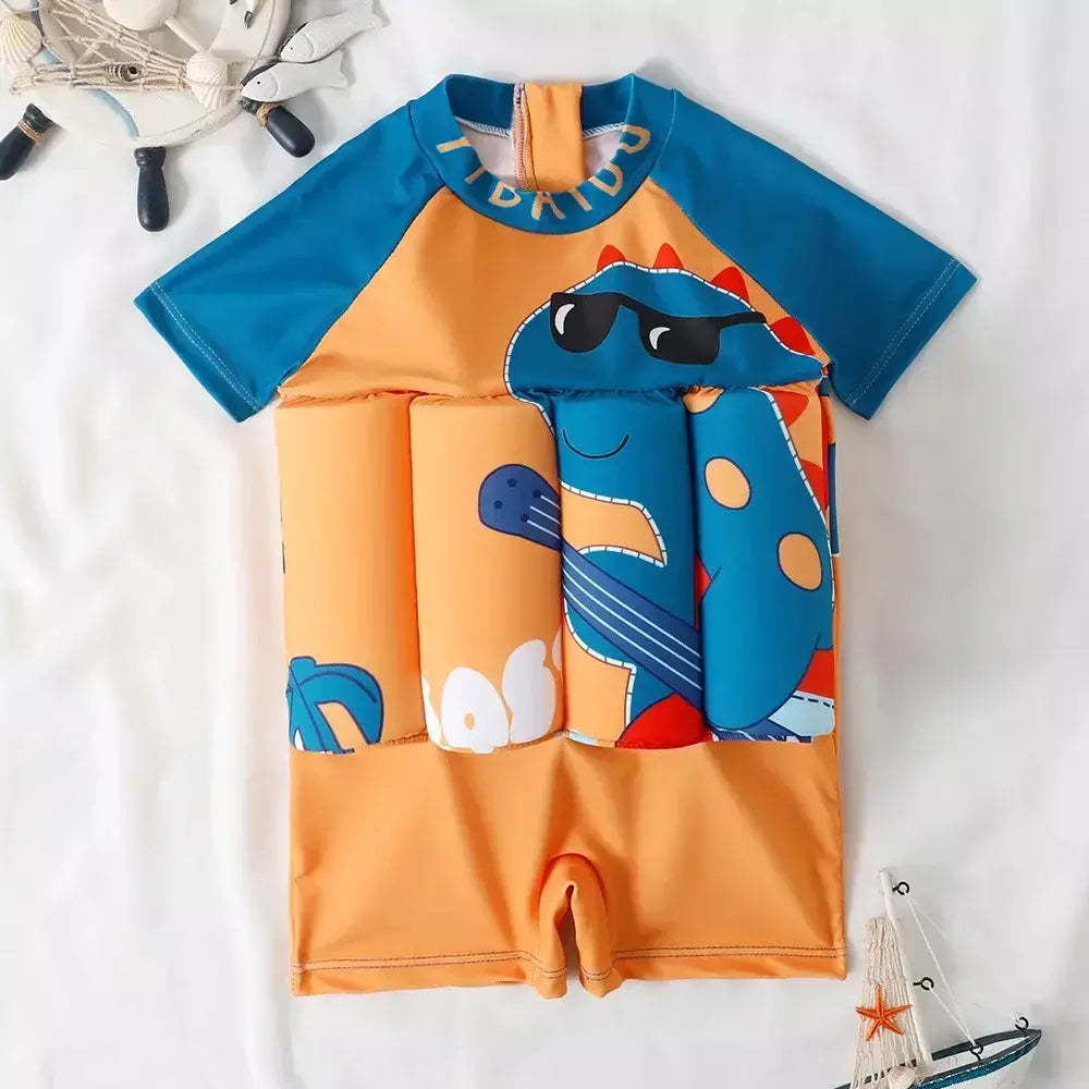 Maiô flutuante para crianças, roupa de banho de uma peça para crianças, flutuante, proteção contra queimaduras, estampa de desenho animado, meninas, meninos, roupas de natação