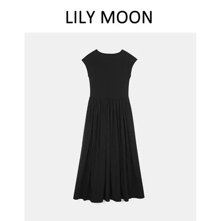 LILYMOON-vestido longo de emenda francês, saia de cintura alta, preto, fino, temperamento, cem, moda, verão