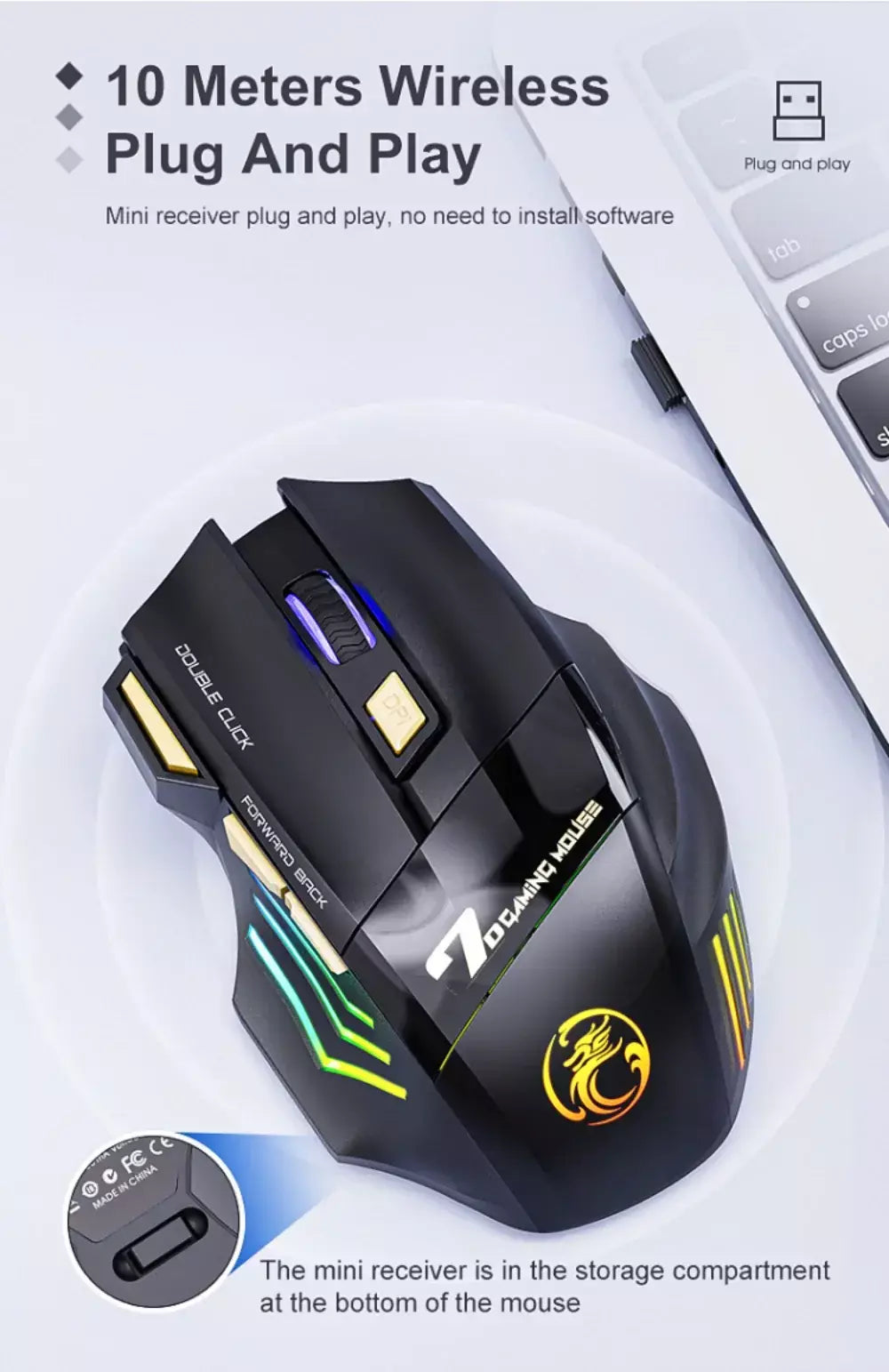 GW 2.4G e Bluetooth Mouse Sem Fio Silencioso Recarregável Luz de Respiração 7 Teclas DPI Sensor Óptico Ajustável Mouse Jogo Escritório