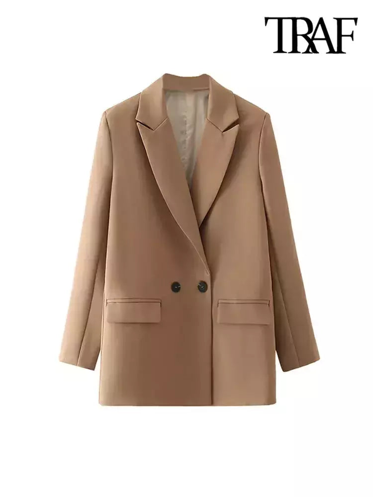 TRAF-Blazer de trespassado feminino, gola entalhada, manga comprida, chique, senhora do escritório, casaco vintage, casacos femininos, tops elegantes, moda