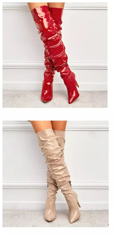Eilyken-Patent Leather Apontado Toe Salto Alto para Mulheres, Botas Vermelhas Sobre o Joelho, Sapatos de Zíper Lateral, Stiletto Sólido, Calçado Feminino