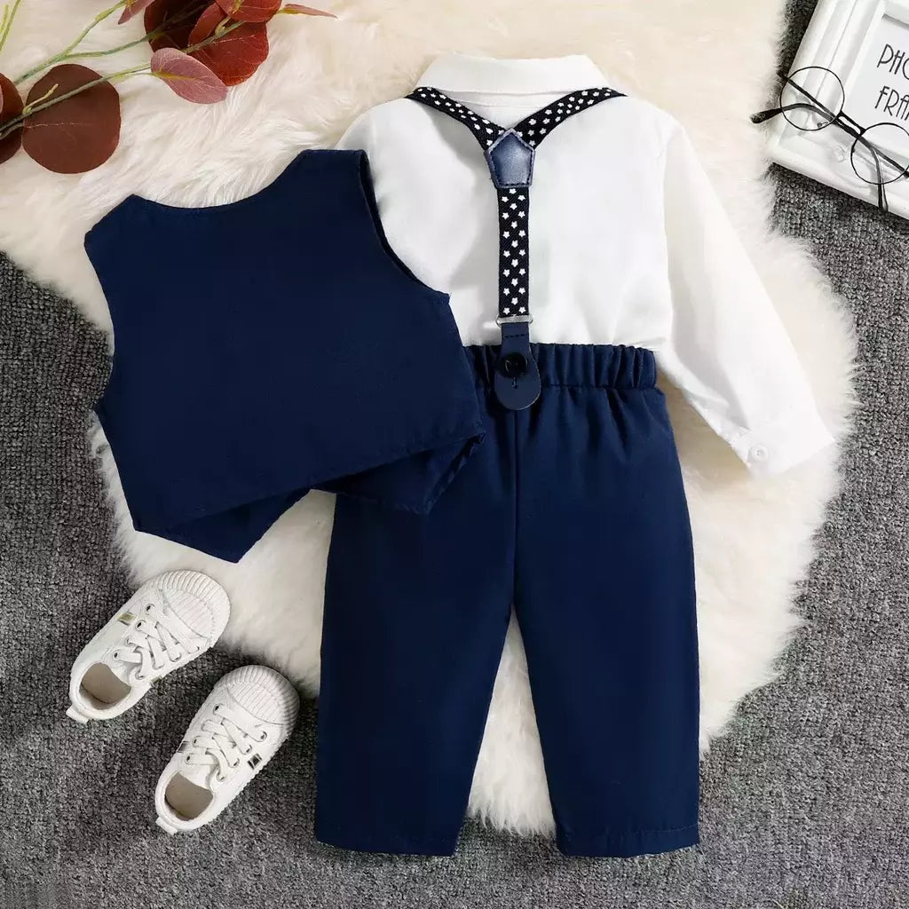 PatPat-Roupas de festa para bebês, gravata borboleta para cavalheiros, camisa de manga comprida, colete sólido com calças suspensoras, 3 peças