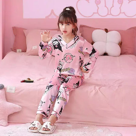 Ice Silk infantil Conjunto de Pijamas de manga curta, Pijamas gola V, Anime Sanrio Kuromi Minha melodia Desenhos animados, Cinnamoroll Menina, Cinnamoroll