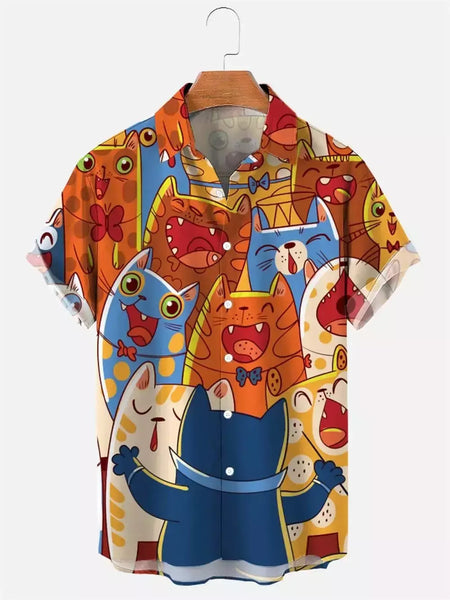 Camisa havaiana dos desenhos animados de anime masculino, Tops de manga curta, roupas casuais masculinas, rua, animais, gatos, retrô, 3D Tees, verão