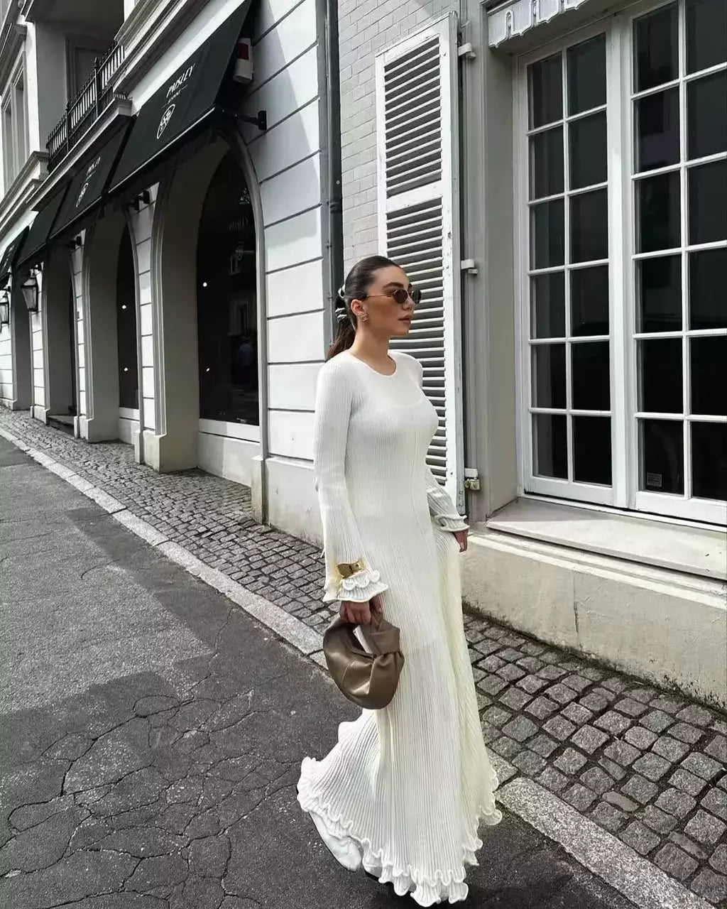 Elegante vestido de malha de manga comprida feminino, gola redonda, vestes finas brancas, vestidos de festa femininos, moda feminina, verão, outono, novo, 2022
